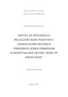 prikaz prve stranice dokumenta SUSTAV ZA INTEGRACIJU  RELACIJSKE BAZE PODATAKA I  JEDNOSTAVNIH REČENICA  PRIRODNOG JEZIKA PRIMJENOM  KONCEPTUALNOG OKVIRA "NODE OF  KNOWLEDGE"