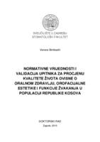 prikaz prve stranice dokumenta Normativne vrijednosti i validacija upitnika za procjenu kvalitete života ovisne o oralnom zdravlju, orofacijalne estetike i funkcije žvakanja u populaciji Republike Kosova