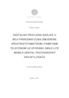 prikaz prve stranice dokumenta Digitalna procjena razlike u boji prirodnih zuba izmjerene spektrofotometrom i pametnim telefonom uz uporabu Smile Lite Mobile Dental Photography osvjetljivača